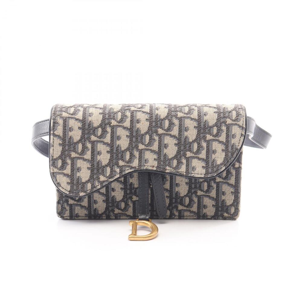 Christian Dior Saddle Oblique Jacquard Waist Bag Canvas Leather Navy Blue Beige